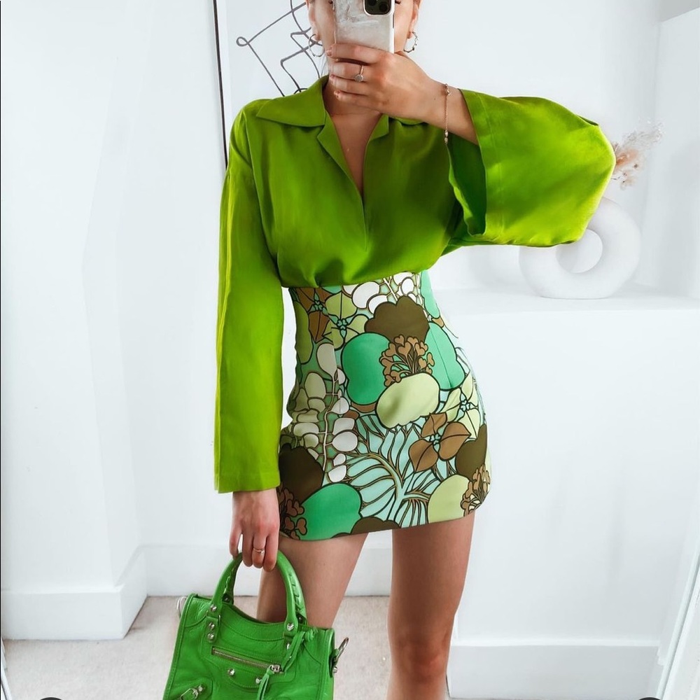 Zara Green and Brown Floral Mini Skirt